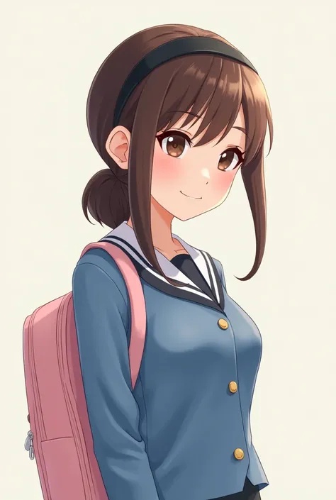 Create a realistic cartoon of a brown-haired woman with dark highlights and white skin color who has a ponytail hairstyle with a black headband with brown eyes and a blue school uniform and light pink backpack
 