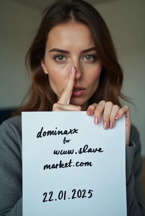 Photo de face selfie amateur et réaliste d’une femme qui de touche le nez avec un doigt et montre une feuille a4 avec écrit au stylo « DominaXX for www.slave-market.com 22.01.2025 » 