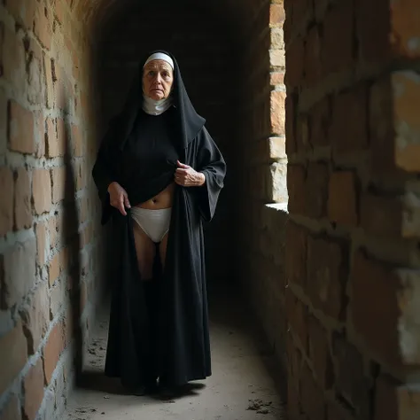 an old greek orthodox nun stands behind a greek monastery and lifts up her skirt, we see her bare legs and white panties. she does it secretly.