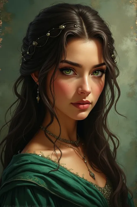  Beautiful woman from the ASOIAF universe with dark brown hair and platinum highlights, emerald green eyes and brown skin 