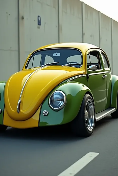 A Camaro fused with a Volkswagen Beetle in yellow and green colors and shades of gray