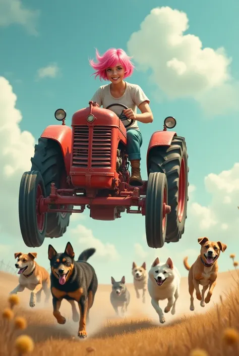 Young woman with short pink hair on a red vintage tractor flying from left to right from the ground can see many different dogs after her