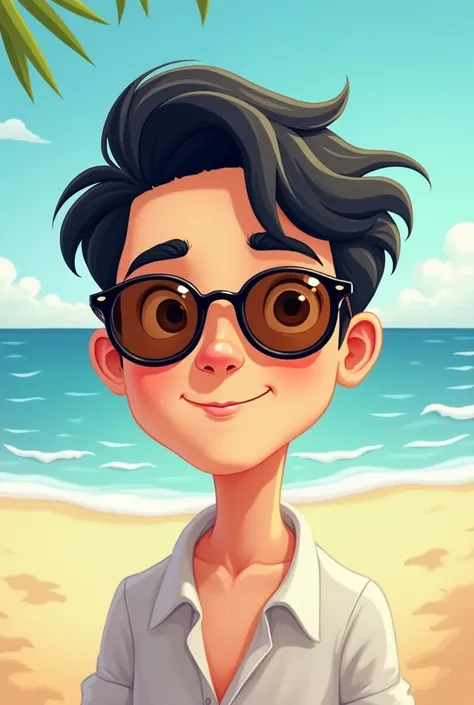 Make a man with black hair in a cartoon with brown lenses on a beach, with a slightly smaller nose with slightly shorter black hair