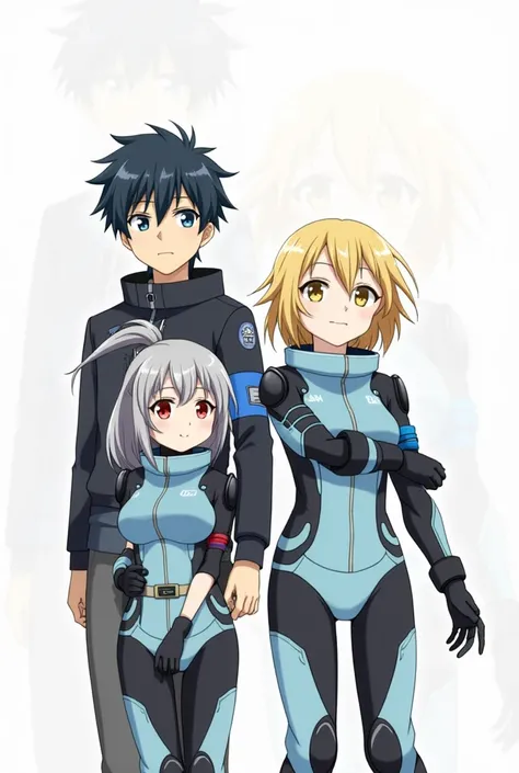 Three anime characters in a single background: a young boy with black and blue hair, another young yellow hair and yellow eyes, and a girl with gray hair and in a ponytail in black and red eyes wearing a light astronaut combat suit in black and blue and th...