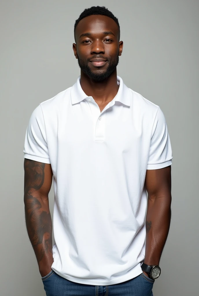 A handsome 28-year-old African-American man.  short hair. Without Beard. light eyes.  athletic body.  some tattoos on her arms .  Wear a white polo shirt and denim pants.  In front of the camera  (frontal) Looking straight ahead with a small timid smile on...