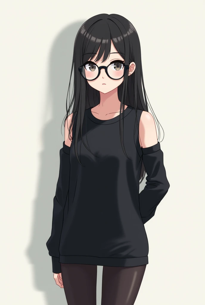 Character,, female,, anime,, long black hair,, black blouse,, sleeveless,, black tights,,Black glasses,,Flat, without weights,,b