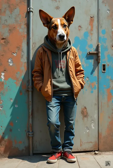 A graffiti artist whose head is a canarian prey  (a breed of dog ).  The rapper must be leaning against a wall looking straight ahead 