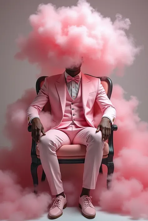 Make a full man sitting on a chair, wearing a pink gala outfit,  hiding his face behind a pink cloud 
