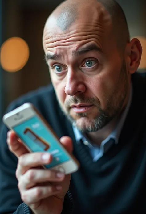 close-up of the smartphone screen, on the screen it shows an advertisement that only has the image of a comb with a price, this cell phone is being held by a bald man who looks at the screen confused, the bald man's face should appear in the image.