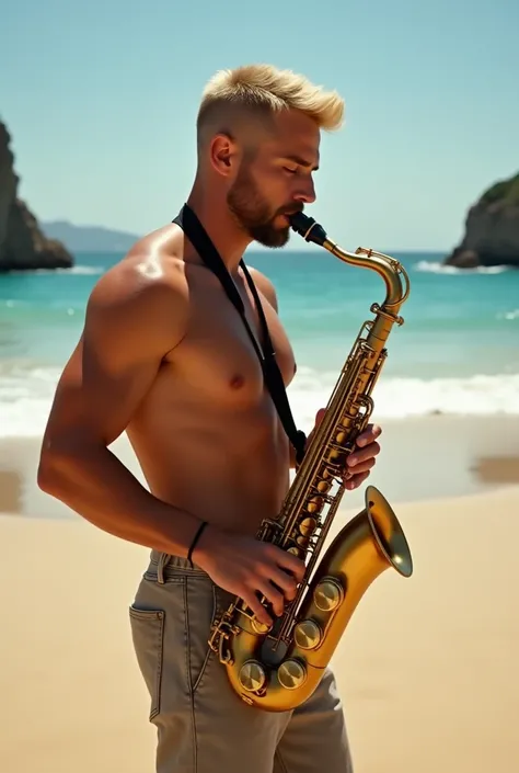 A man with a shaded low blond cut who plays the saxophone on the beach bare-chested