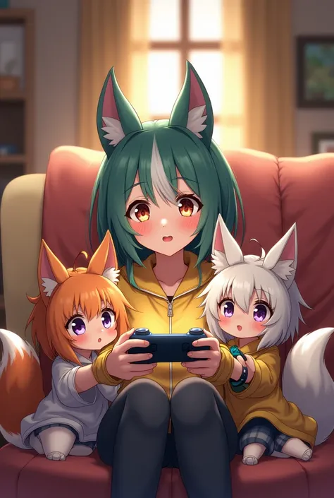 Character Tails accompanied by Killua,  playing video game,  in a cozy environment  