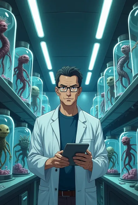 Man in white lab coat scientist with short black hair wearing black , glasses holding a tablet in his hand and walking in a laboratory with capsules with monsters immersed inside,anime design  