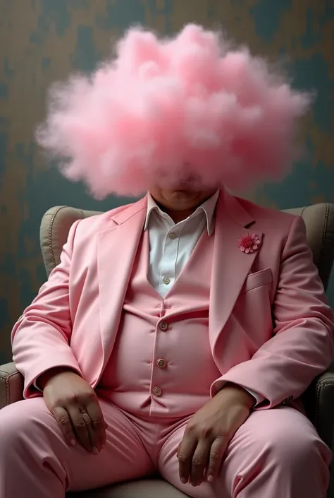 Make a man a little fat ,  not too fat nor too thin sitting in a chair, wearing a pink gala outfit,  hiding his face behind a pink cloud 
