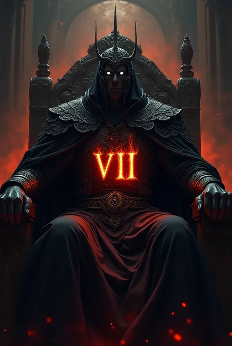 (On the dark king's chest belt, "VII" is written. The words are written in a Diablo-style flame font. Ultra-detailed face, Looking away, Fantasy Illustration with Gothic. Dark tone colors. A viewpoint from the ground looking up at the throne and the king.)