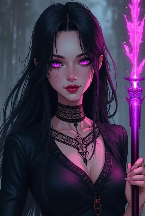  Woman with long black hair, pale skin, Rompa Negra , purple eyes,  sinister smile , arcana,  Dragon Hunter , Of dark clothes , silueta esbelta y beautiful,  wears a brightly colored staff ,  runic marks on her neck like tattoos, Red lips, beautiful, Anime...