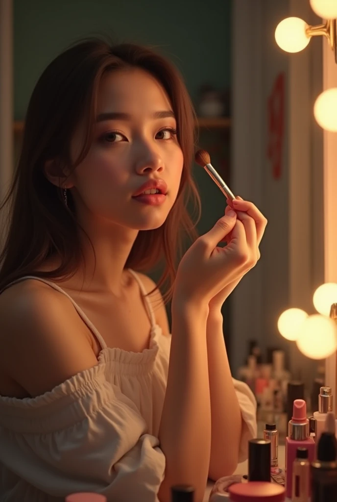 girl putting on makeup 