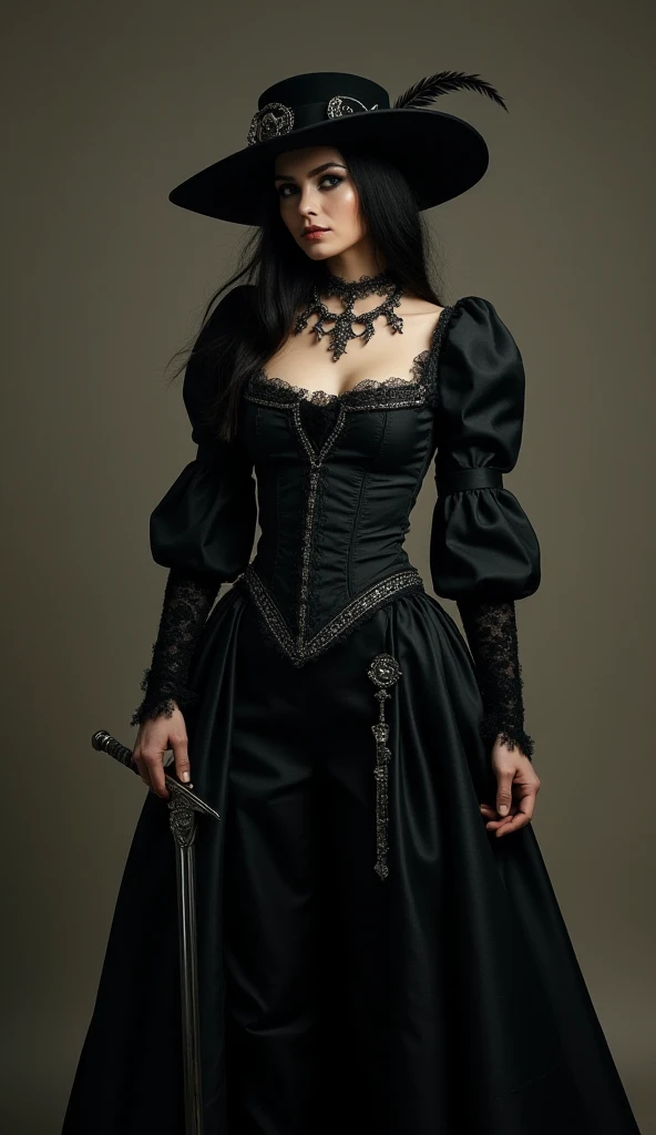 Dark Agnes 1mulher de cabelos escuros e olhos cinzentos, sensual, middlebreasts, wears sixteenth-century men's clothing, like pants, botas, camisas, vests and hats. She also wears a gala costume, com uma capa, a lace collar and a feather on the hat, cores ...