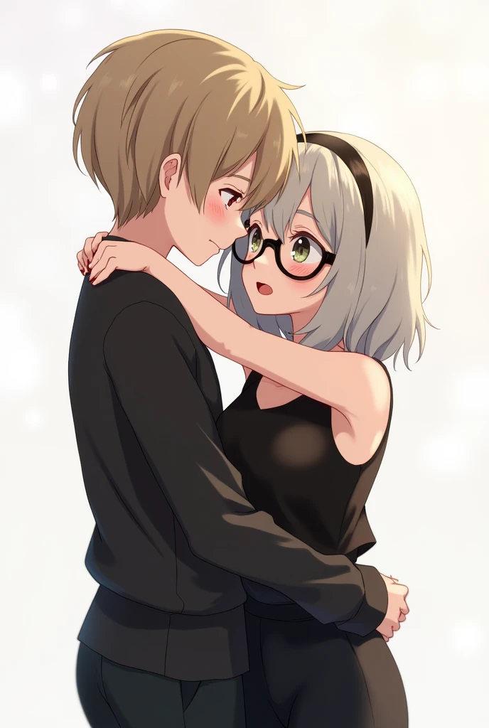 A boy,, skin color,, white,, Long sleeved,, black pants,, girl black blouse,,, black pants,, black glasses,, white skin,, hugging,,Anime,, sleeveless girl blouse,,