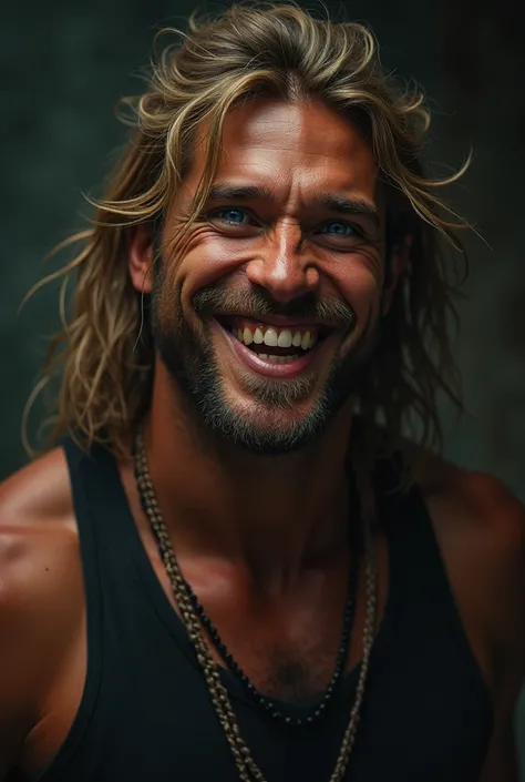  zoom framing just one face of an indigenous man with bright blue eyes , no beard, Caramel hair almost blonde ,  Long and voluminous hair and black tank top big body,  he is smiling confidently with fangs . realistic.  I would like fantasy RPG style art  ....