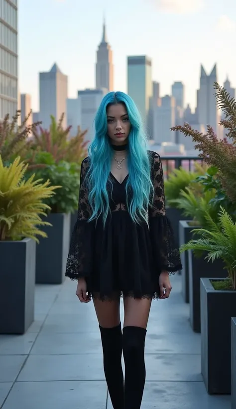 "The long blue-haired influencer strolls on a sleek rooftop garden with tall planters of ferns and vibrant flowers. She’s dressed in a black lace dress with thigh-high stockings and a choker necklace. The city skyline glistens in the distance."