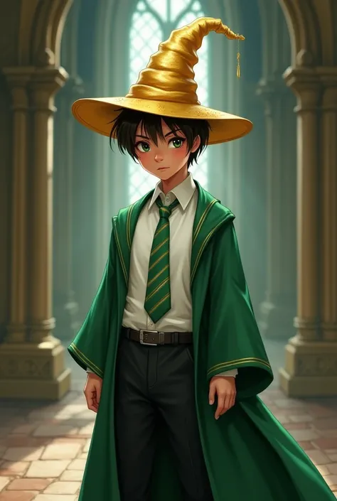 A boy wearing a Slytherin outfit with a golden bonnet head.