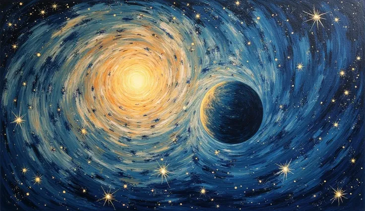 A painting in the style of Vincent van Gogh ,  showing a planet floating in deep space ,  surrounded by an explosion of light with dynamic brushstrokes in shades of gold , white and blue.  The background is filled with spiral galaxies and bright stars ,  w...