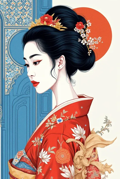 Prompt:
"Create a highly refined digital illustration that blends cultural aesthetics. The artwork should depict a Japanese woman in profile, dressed in an intricately detailed traditional kimono, with an elaborate hairstyle reflecting classical elegance. ...