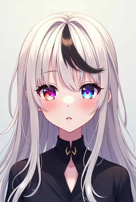 anime girl with platinum blonde hair with black streaks, blue ombré inside with pinkish purple red yellow eyes