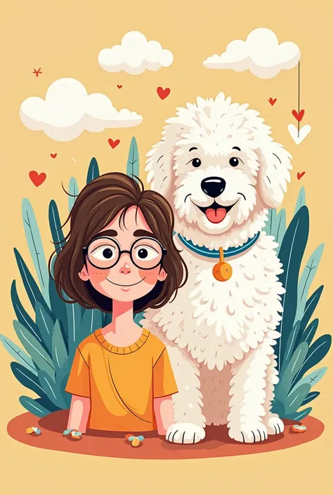 Create a picture with a white Goldendoodle and a woman with glasses and brown hair in cartoon style