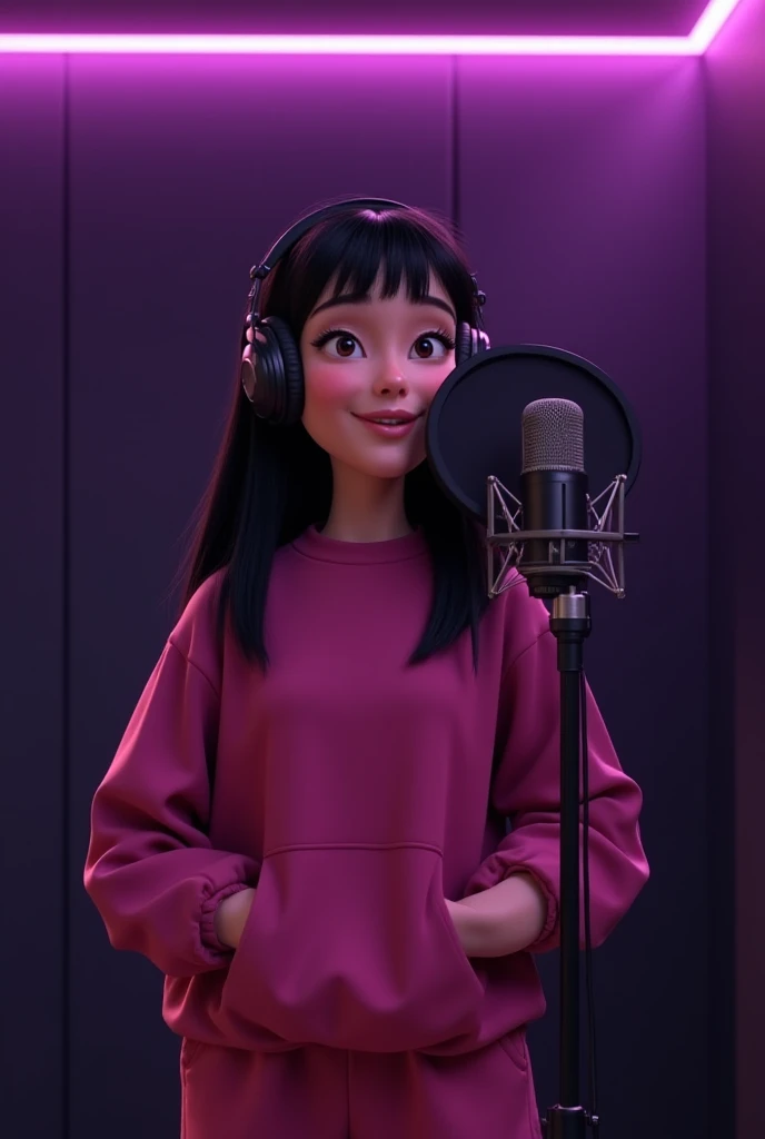 Woman 30, long straight black hair, wearing dark pink sweatshirt and sweatpants with black recording headphones and microphone, recording a song at all black recording studio with violet neon lights at ceiling. 

Pixar Disney Cartoon animation Character