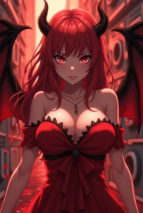 Somewhat young demon in his 20s,  busty , Ojos rojos,  semi-small horns , Demon Wings,  semi-long red hair  ,  a red dress but showing the neckline,  in the background a hell with a lot of washing , anime 
