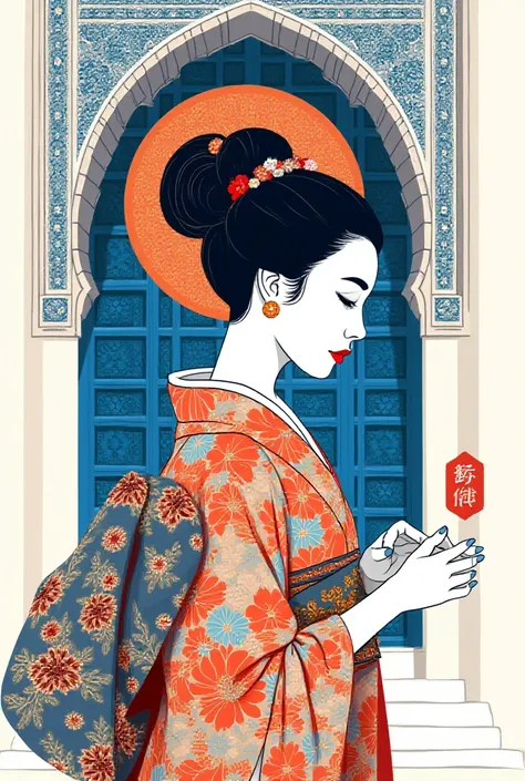 Prompt:
"Create a highly refined digital illustration that blends cultural aesthetics. The artwork should depict a Japanese woman in profile, dressed in an intricately detailed traditional kimono, with an elaborate hairstyle reflecting classical elegance. ...