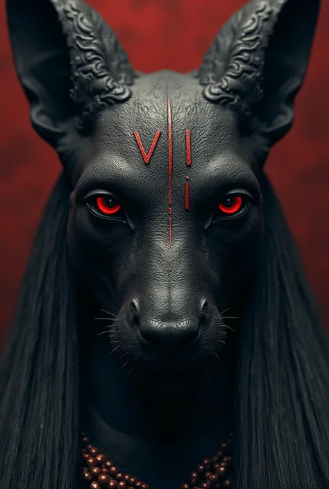 (On the dark anubis forehead carved, "VII" is written. The words are written in a Numeric-style. Ultra-detailed face,Red eyes, Looking away, Fantasy Illustration with Gothic. Dark tone colors. A viewpoint from the ground looking up at the throne and the ki...