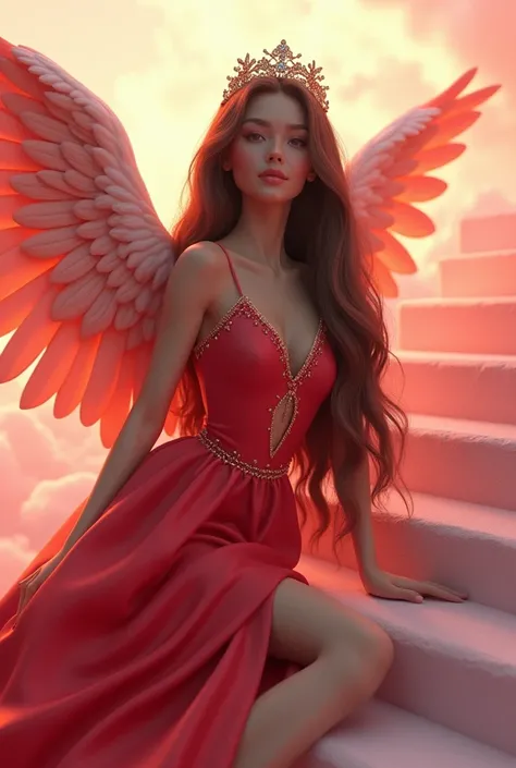 A beautiful Angel Barbie style 4k so realistic  with straight  hair very dark brown chocolate, with beige and  red hair and lots of long blonde streaks in the front sitting on the corner of the stairs go to the heaven color Sakura pink   with the heaven vi...