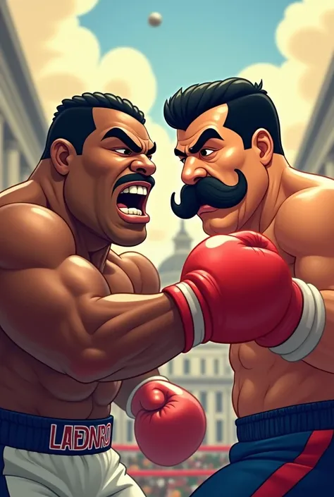 Mike Tyson in a cartoon hitting Venezuelan President Nicolás Maduro dressed in a super mustache