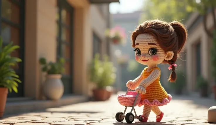 a little crochet doll with brown hair and a ponytail, ultra realistic, with perfect shadows and lights, seen from the front pushing a baby stroller in a square