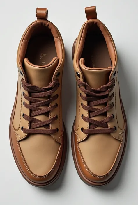 Create a men's casual sneaker with a modern, skater design. The sneakers must have an upper made of matte leather in brown and beige. The design should include overlapping panels at the top, creating a rugged and rugged appearance.  

The sole of the sneak...