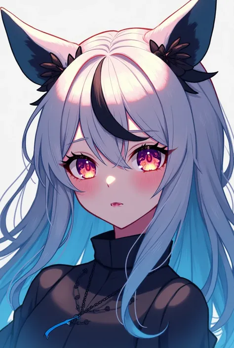 anime girl with platinum blonde hair with black streaks, blue ombré inside hair with pinkish purple eyes red yellow eyes