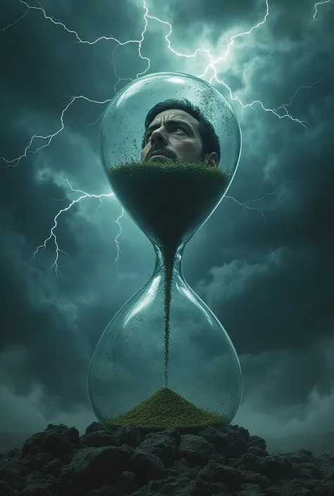 An hourglass melting amidst thunder, lightning and a storm with a crying Man 