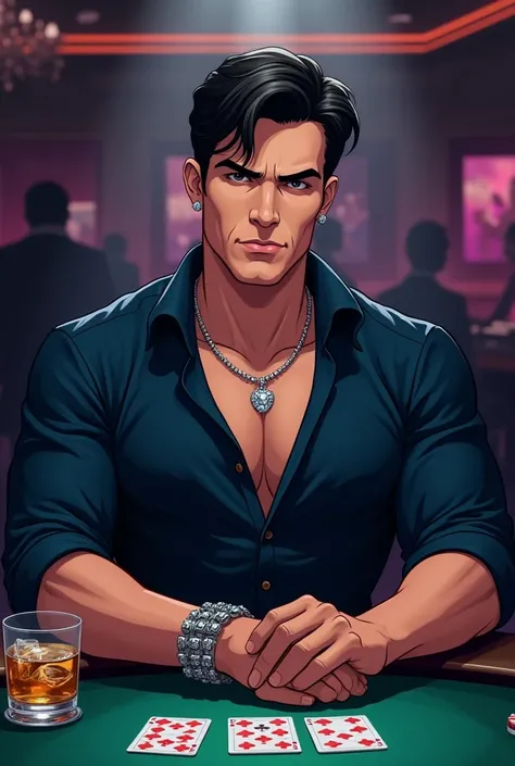 “A poker table scene featuring a confident, well-dressed man in the distinctive art style of the TV series Archer. The man is seated at the center of the poker table, wearing a dark navy-blue shirt with the top buttons casually open, revealing a diamond ne...