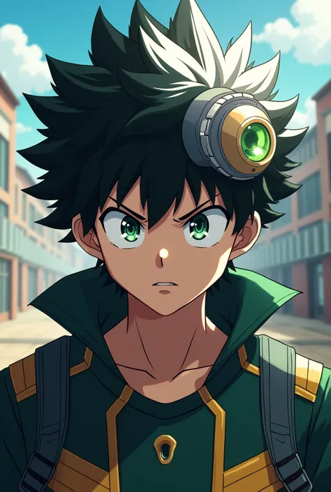  My Hero Academia,Male gender ,cabello negro, mechon blanco,green eyes 