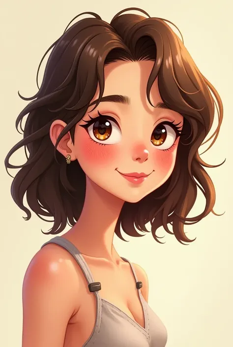  cartoon of a girl with disheveled wavy brown hair below her shoulders, brown and almond eyes ,  oval face with fair skin with pink blush , and medium-build body