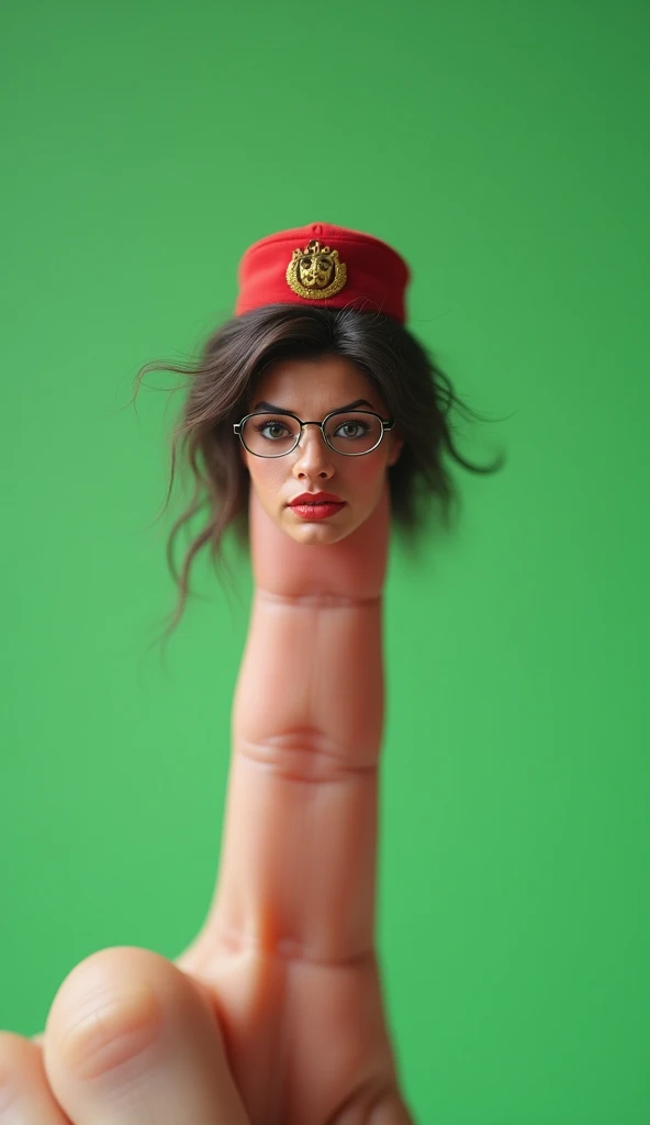  Create a realistic photo of a human finger on a green background .  Create a character that is a human finger with human features such as hair , eyes, Mouth and clothes . At the top of the finger ,  there is a montage that makes it appear that the finger ...