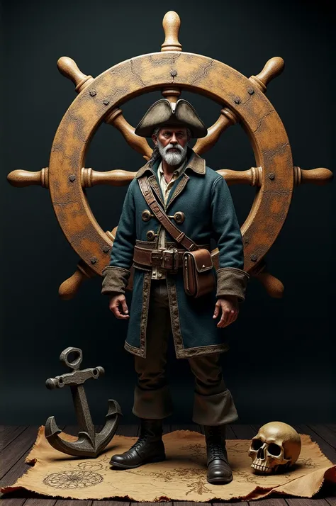  Black background, ship&#39;s rudder, in the shape of a circle, pirate with hat ,  skull anchor and ultra realistic map, Realistic 4k Full HD