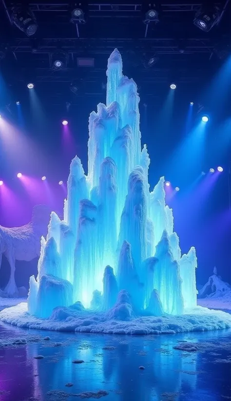 "A large, majestic ice formation rises dramatically in the center of a professional stage, surrounded by vibrant blue and purple lighting. The ice glistens and reflects the lighting, appearing realistic and intricately detailed, with sharp edges and smooth...