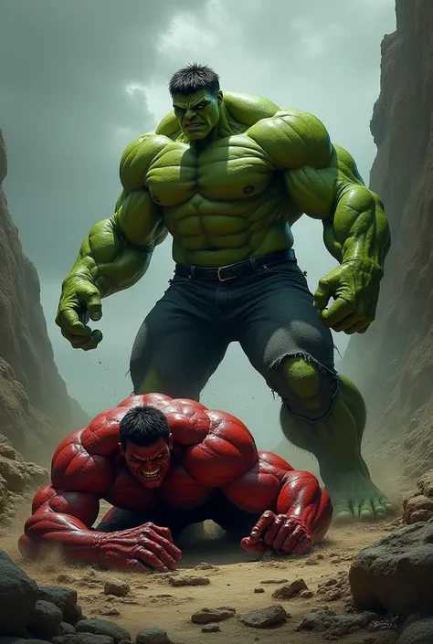 Make the green Hulk standing on the side of the red Hulk the red Hulk must be defeated lying on the ground 