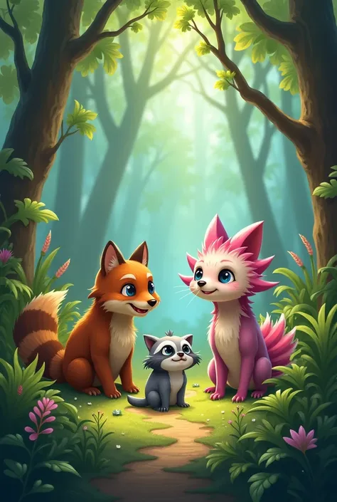 An axolotl, a tracuache, a raccoon and a coyote in the woods