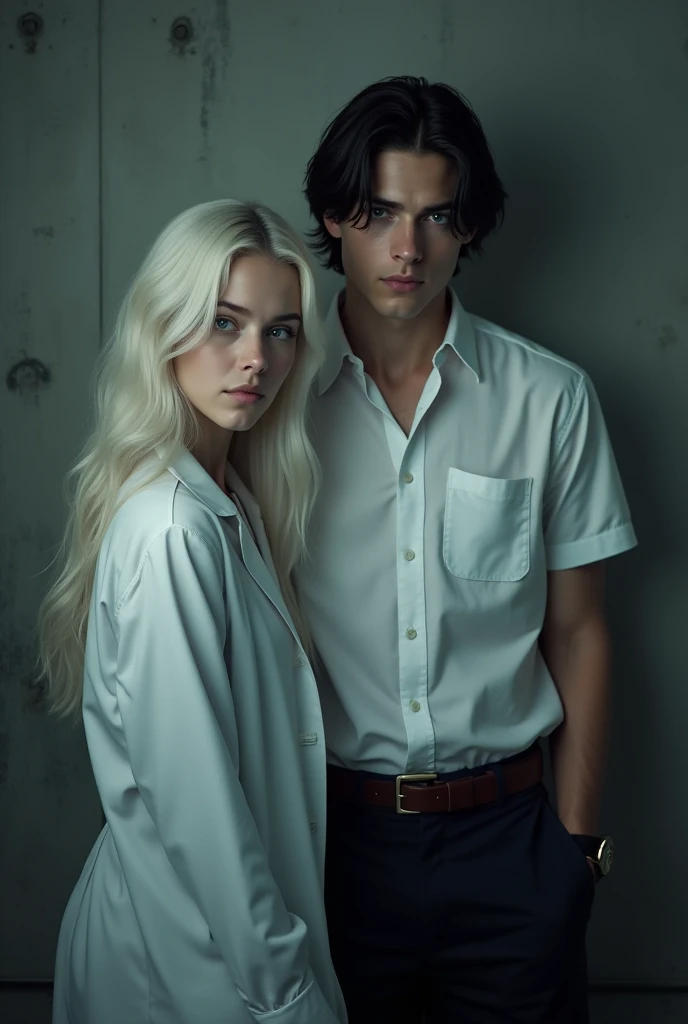  create the realistic image of a young woman with white hair long up to her hips, grey eyes and pale complexion, wearing a white coat of patient ,  make me look straight ahead at a young man with black hair ,  blue eyes and white complexion wearing a white...