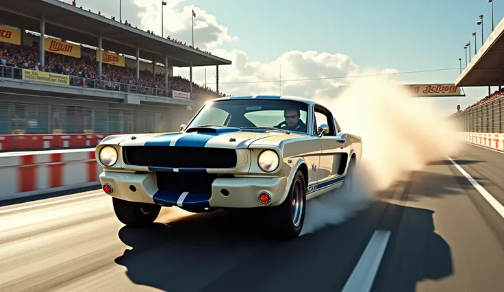 An action-packed moment featuring the 1965 Shelby GT350R speeding down a racetrack, kicking up dust with its iconic white and blue design gleaming under sunlight. Include vintage track details like retro-style barriers, sponsor signs, and an audience weari...