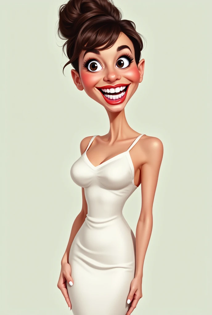 a painting Audrey Hepburn, American singer, full body, with a tight white dress, big breasts and stylish dress, big and open mouth with very white teeth, cartoon style, cartoon realism, digital art. caricature, caricature illustration, epic portrait illust...